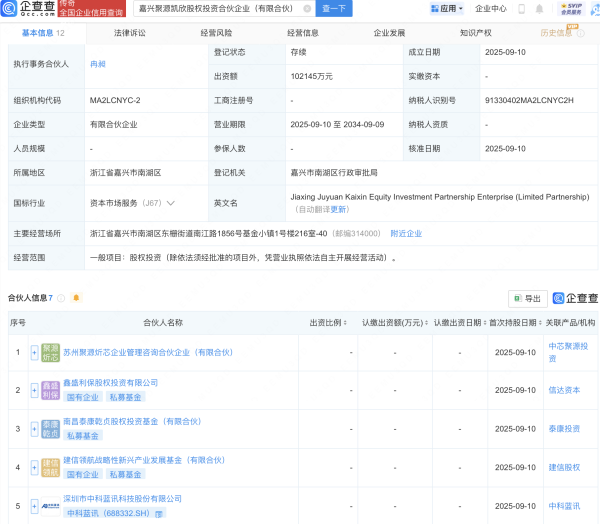 配资炒股交易平台 中科蓝讯等新设股权投资合伙企业，出资额10亿